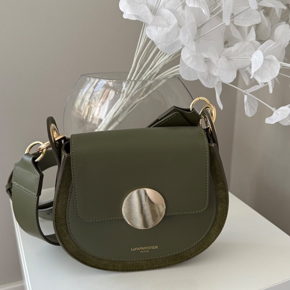 LePARMENTIER Paris Yucca Suede and Leather Shoulder Bag in Military Green - Picture 2 of 14